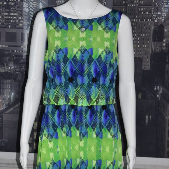 Maggy London size 6 Sleeveless Blue & Green Knee Length Lined Dress - Picture 10 of 10